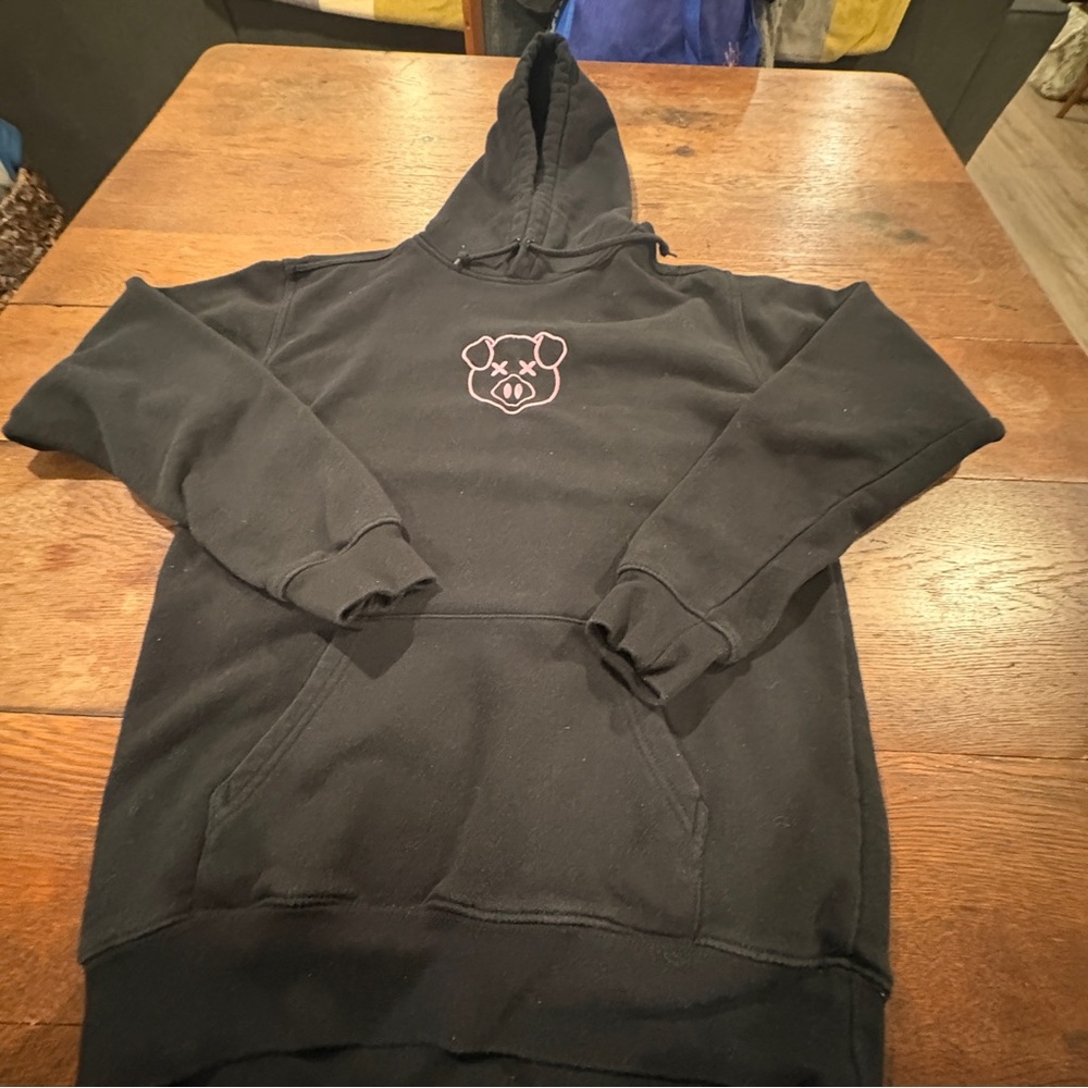 Shane Dawson Pig Hoodie. Black embroidered Pink pig face in the middle. Small